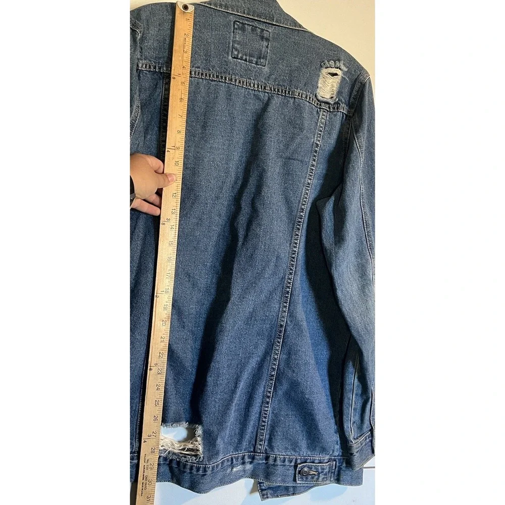 FOREVER 21‎ WOMENS DENIM JACKET SIZE L DISTRESSED DESTROYED BLUE OVERSIZED JEAN